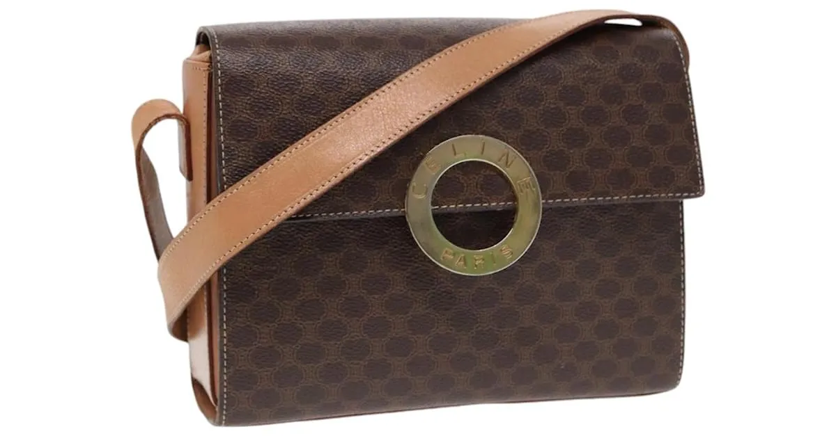 Céline Bolso de hombro de lona Macadam CELINE, cuero PVC, dorado, marrón, auténtico 86835 Castaño 