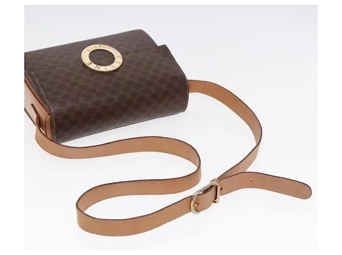Céline Bolso de hombro de lona Macadam CELINE, cuero PVC, dorado, marrón, auténtico 86835 Castaño 